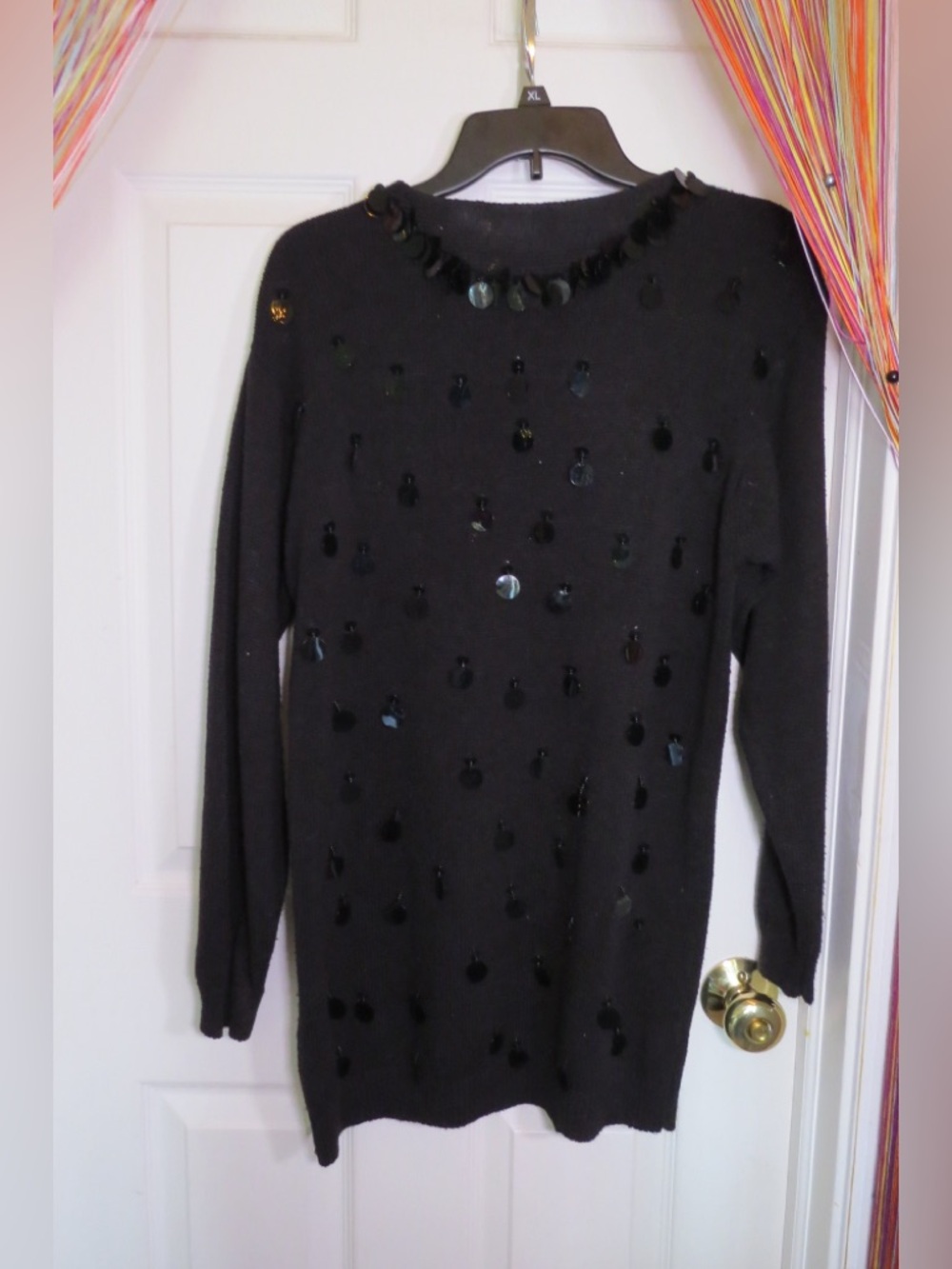 VINTAGE 90S Black Sequin-Embellished Crewneck Sweater DRESS